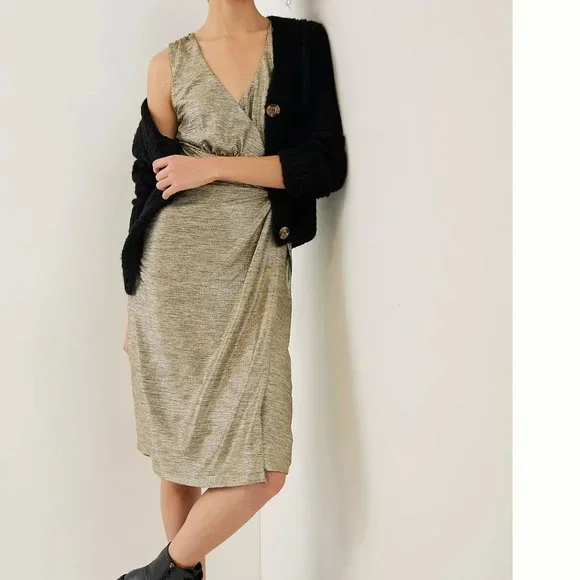 NWT anthropologie gold metallic midi dress w/comfy liner - Picture 1 of 10